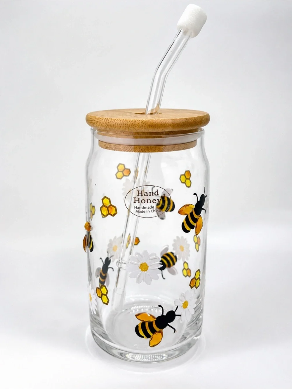 Bee & Daisy Glass Tumbler with Bamboo Lid and Straw - Clear